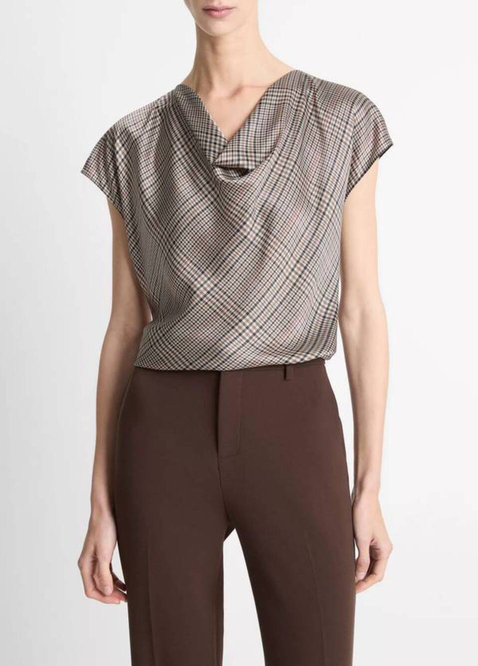 Vince Cowl Neck Silk Blouse in Multi Plaid M